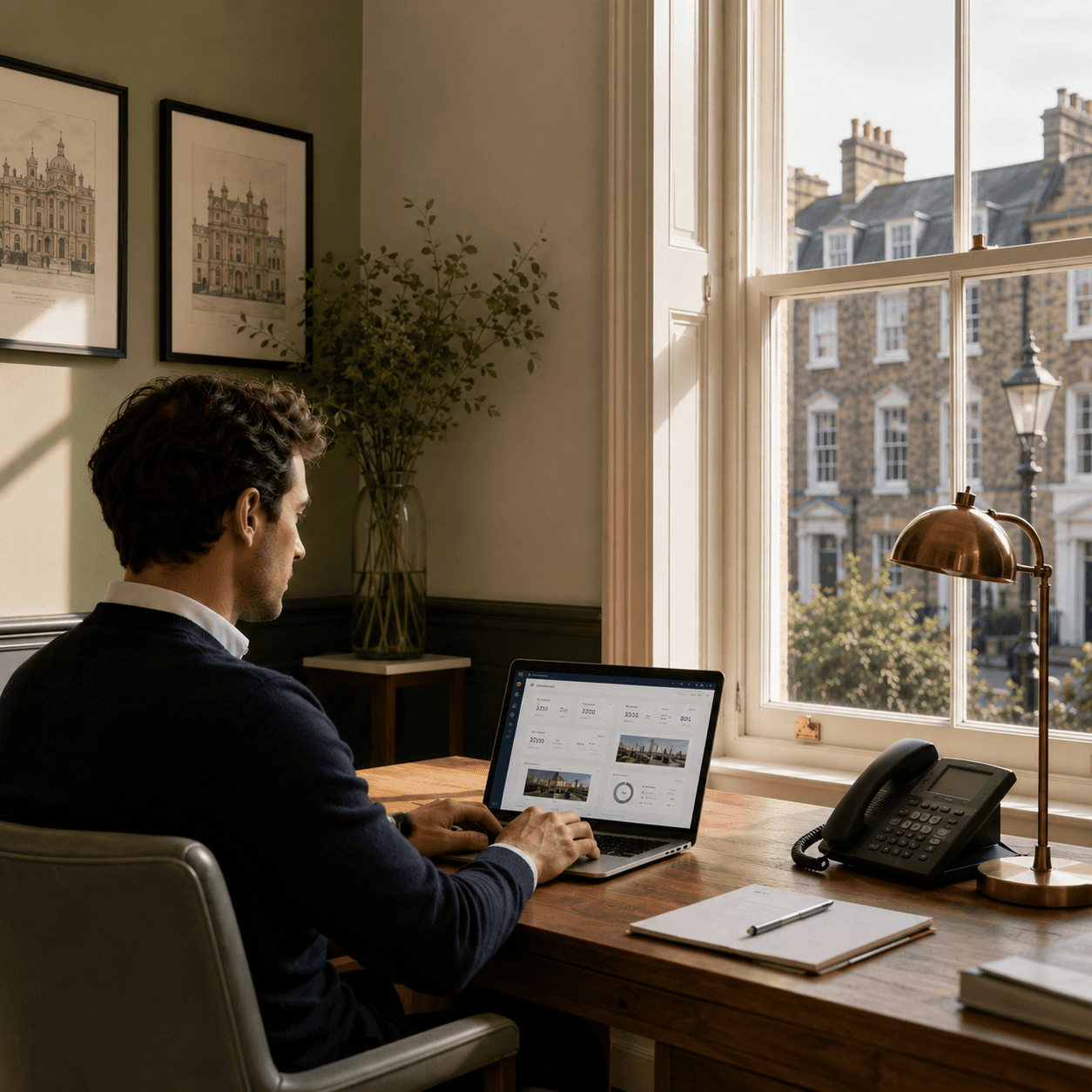 Letting agent working calmly at their desk in a Georgian market-town office